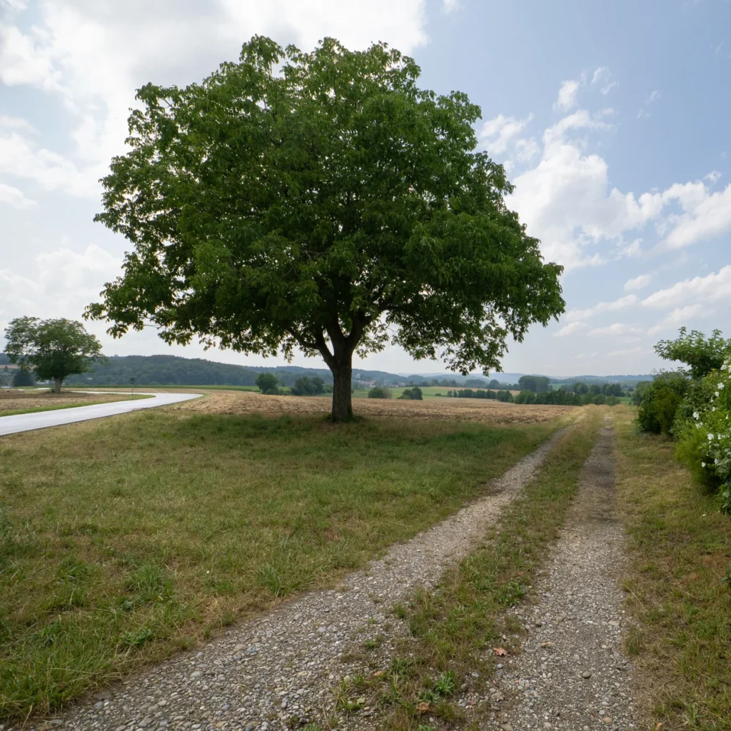 Nussbaum hinter einer Weggabelung als Symbol für Berufsberatung, Laufbahnberatung und finden des richtigen Weges